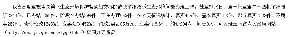 云南省办理中央生态环境保护督察交办群众举报投诉生态环境问题进展情况通报 （三十三）